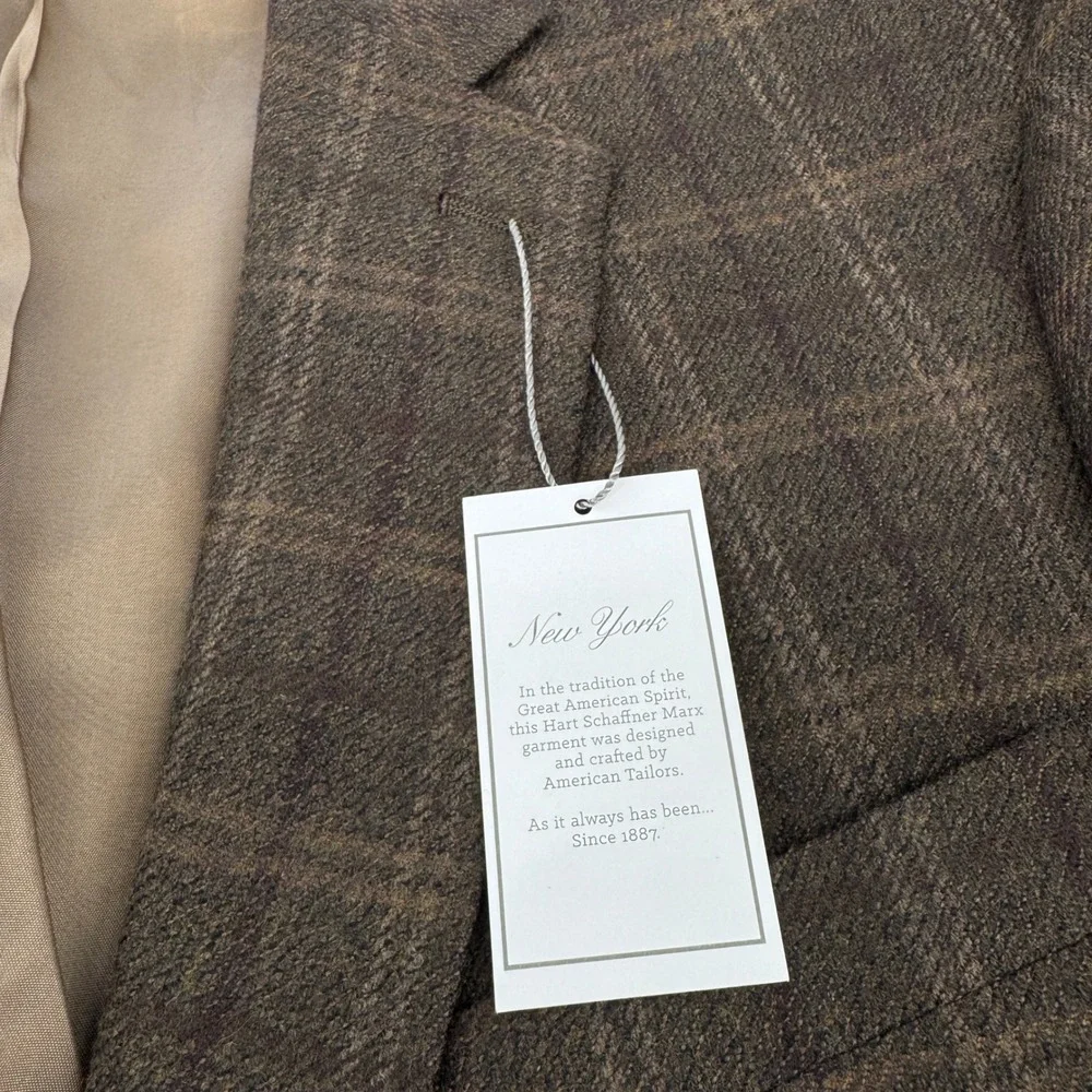 Hart Schaffner Marx Mens 46R Brown Plaid 100% Worsted Wool Blazer Sport Coat USA